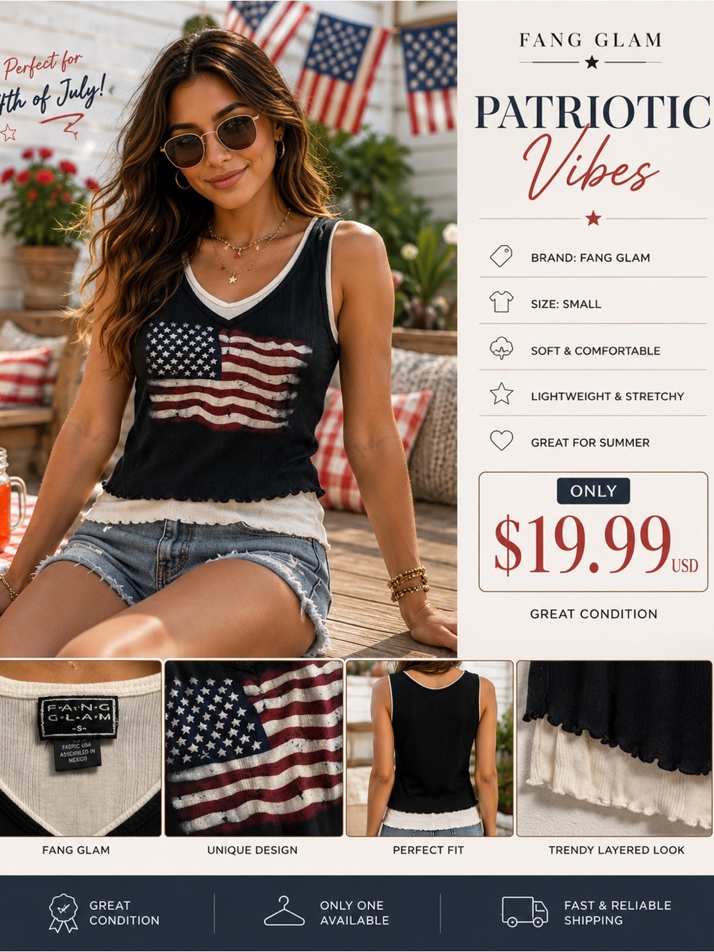 FANG Black Tank Top with American Flag and Cream Layered Hem 4th of July